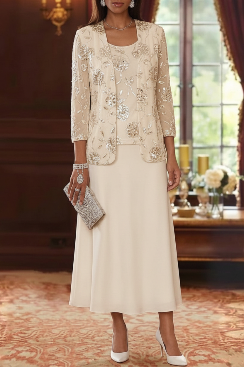 A-Line/Princess Scoop Chiffon Mother of the Bride Dresses with Jacket Sequins Tea-Length 3/4 Sleeves Floral