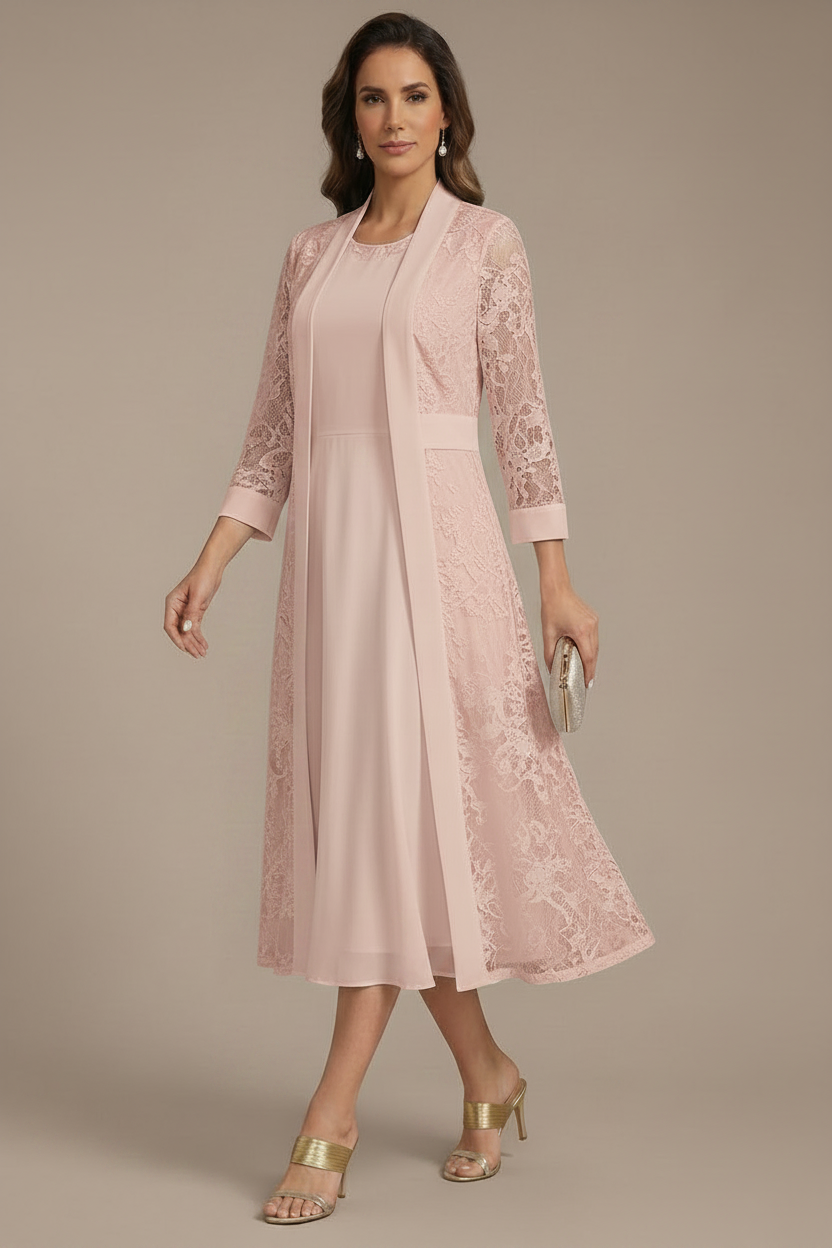 lace dress with chiffon jacket 2 Pieces A-Line/Princess Scoop Chiffon Mother of the Bride Dresses with Jacket Long Sleeves Ankle-Length Lace Floral, As Pic