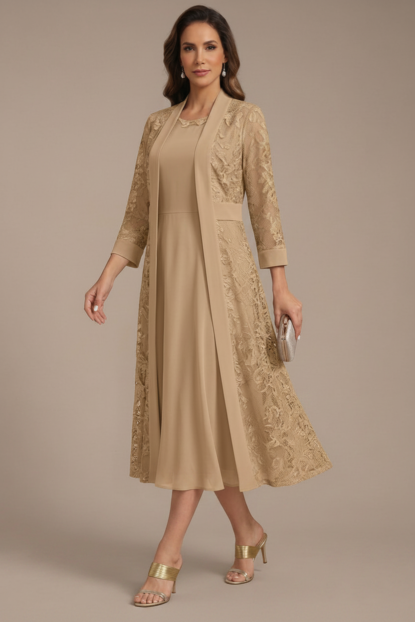 A-Line/Princess Scoop Chiffon Mother of the Bride Dresses with Lace Jacket 3/4 Sleeves Tea-Length