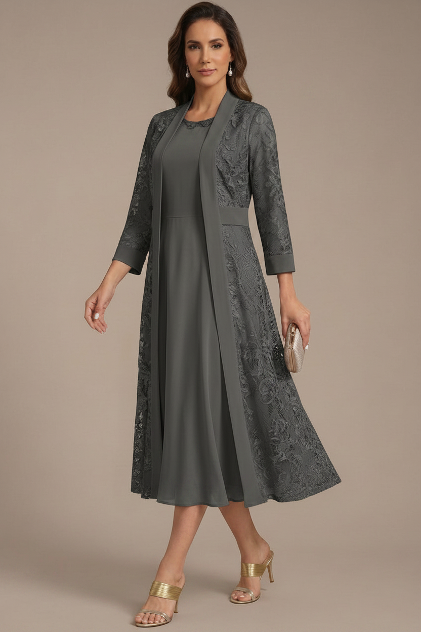 A-Line/Princess Scoop Chiffon Mother of the Bride Dresses with Lace Jacket 3/4 Sleeves Tea-Length