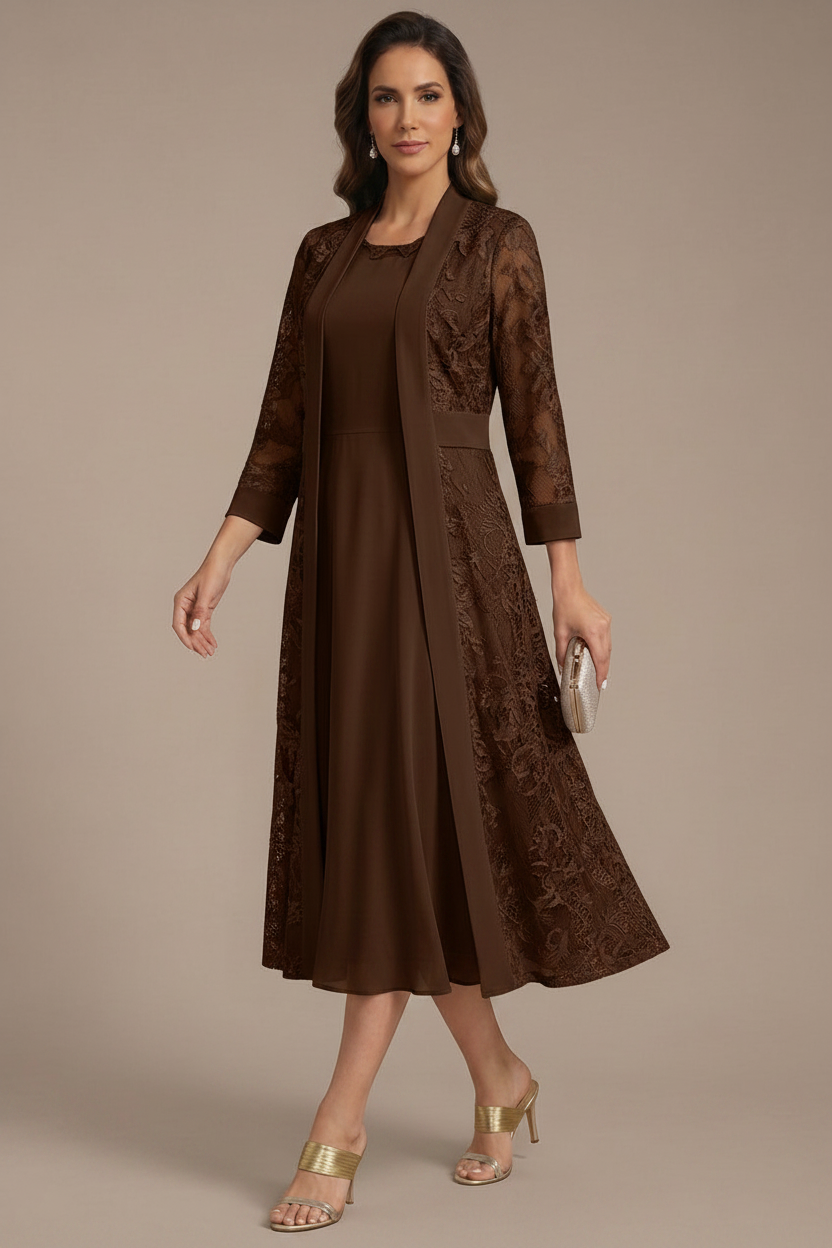 A-Line/Princess Scoop Chiffon Mother of the Bride Dresses with Lace Jacket 3/4 Sleeves Tea-Length