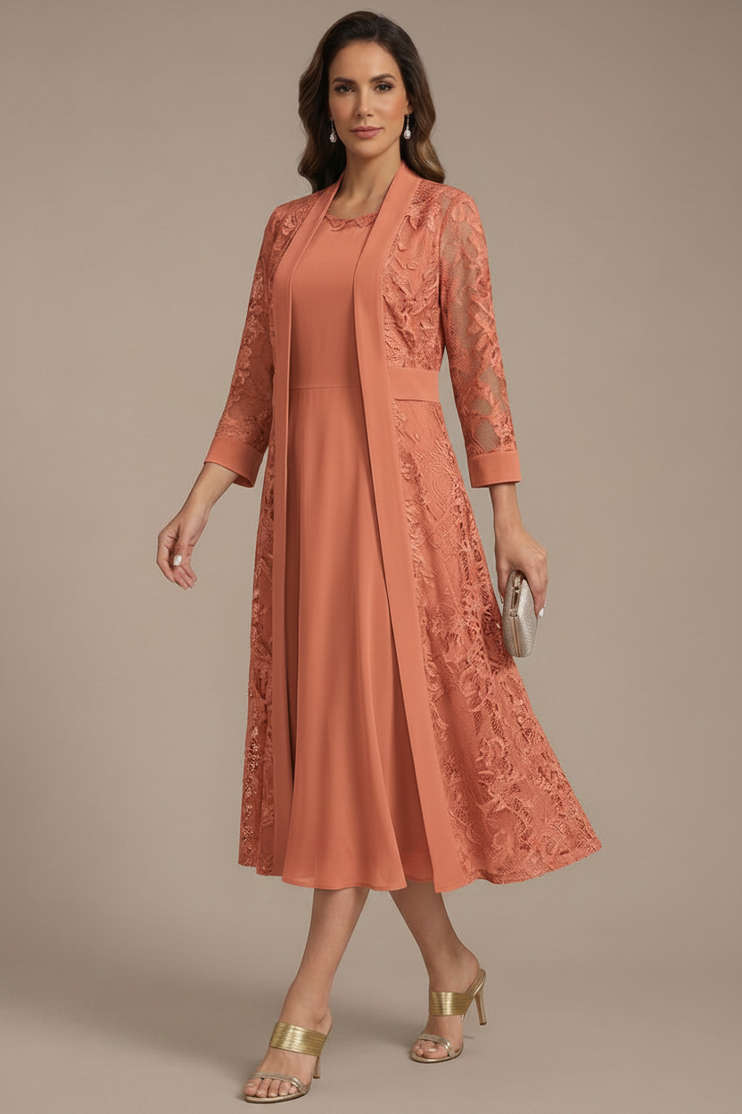 A-Line/Princess Scoop Chiffon Mother of the Bride Dresses with Lace Jacket 3/4 Sleeves Tea-Length, Taupe