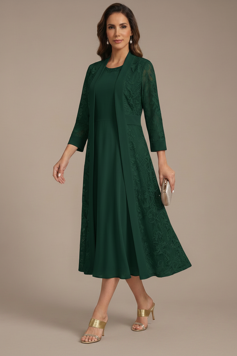 A-Line/Princess Scoop Chiffon Mother of the Bride Dresses with Lace Jacket 3/4 Sleeves Tea-Length