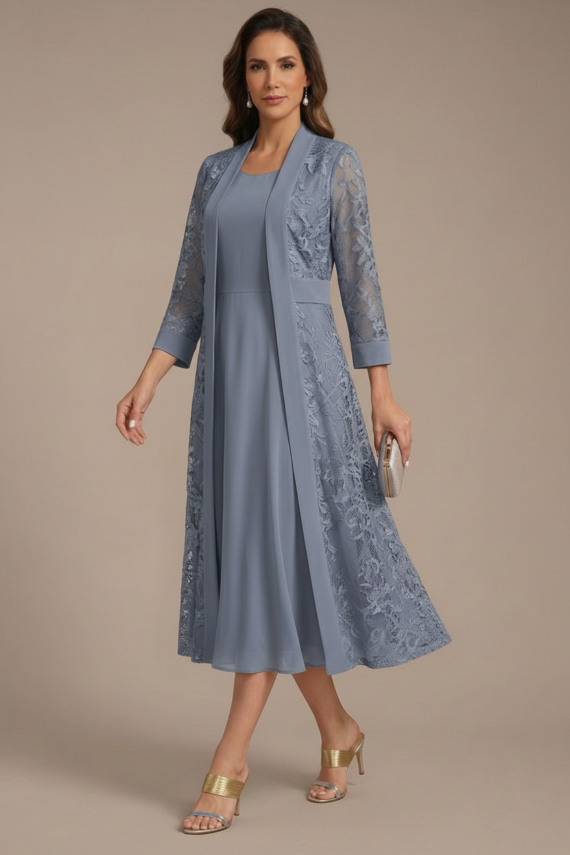 A-Line/Princess Scoop Chiffon Mother of the Bride Dresses with Lace Jacket 3/4 Sleeves Tea-Length