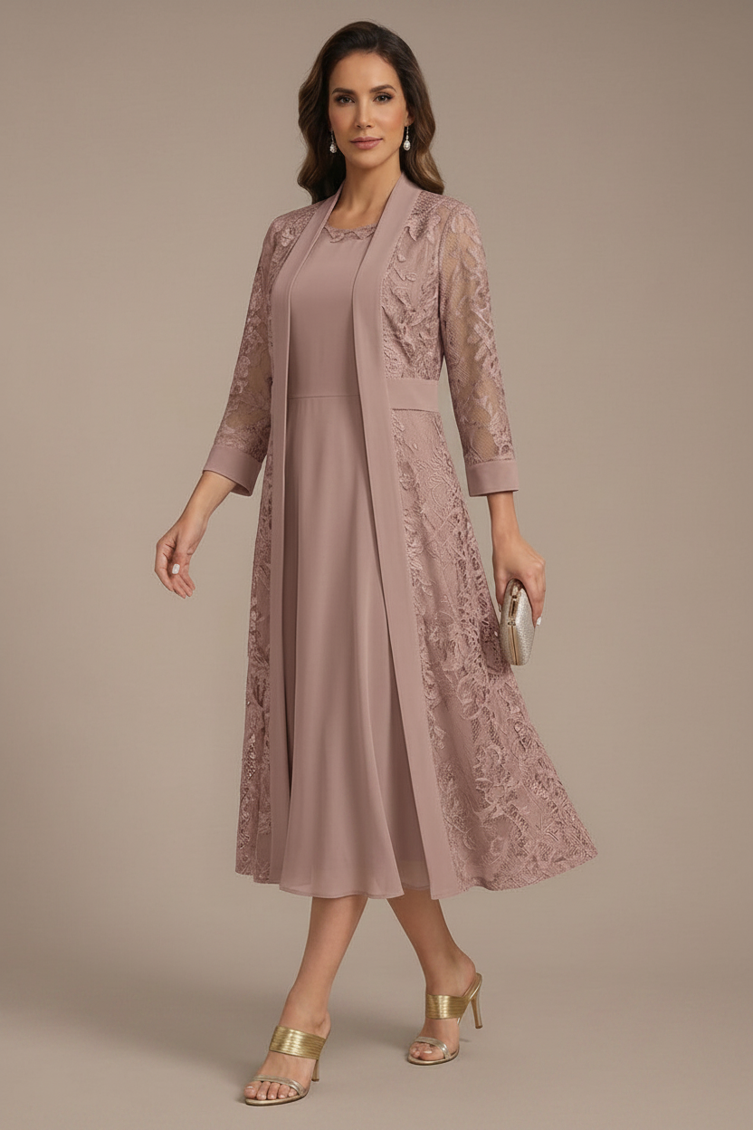 A-Line/Princess Scoop Chiffon Mother of the Bride Dresses with Lace Jacket 3/4 Sleeves Tea-Length