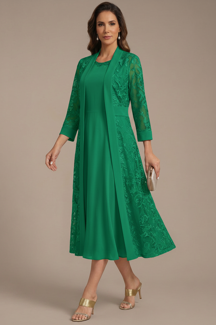 A-Line/Princess Scoop Chiffon Mother of the Bride Dresses with Lace Jacket 3/4 Sleeves Tea-Length