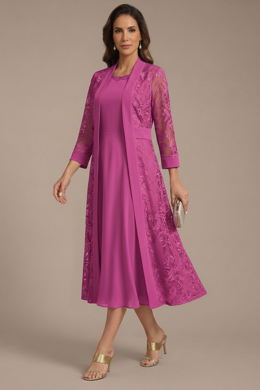 A-Line/Princess Scoop Chiffon Mother of the Bride Dresses with Lace Jacket 3/4 Sleeves Tea-Length