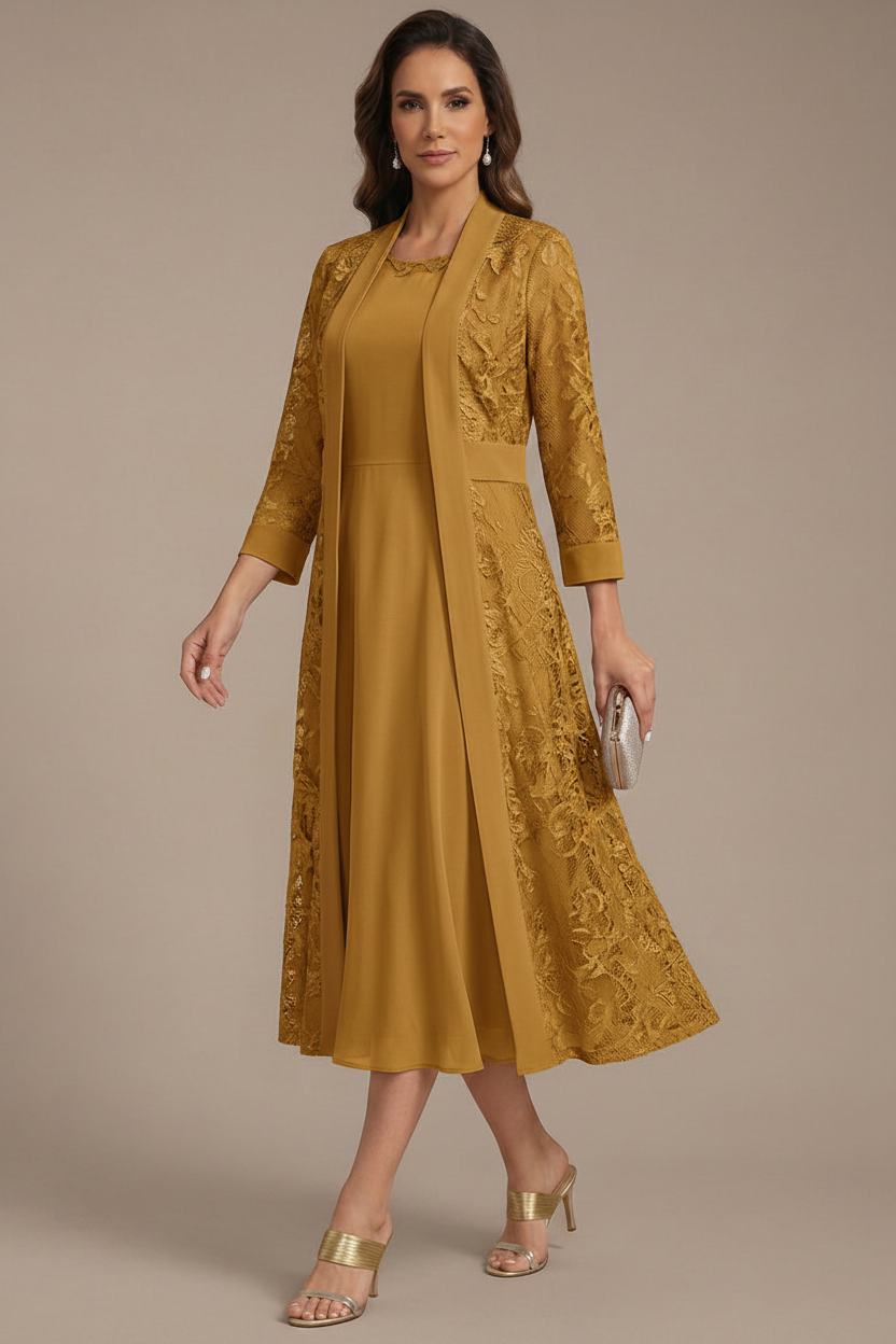 A-Line/Princess Scoop Chiffon Mother of the Bride Dresses with Lace Jacket 3/4 Sleeves Tea-Length