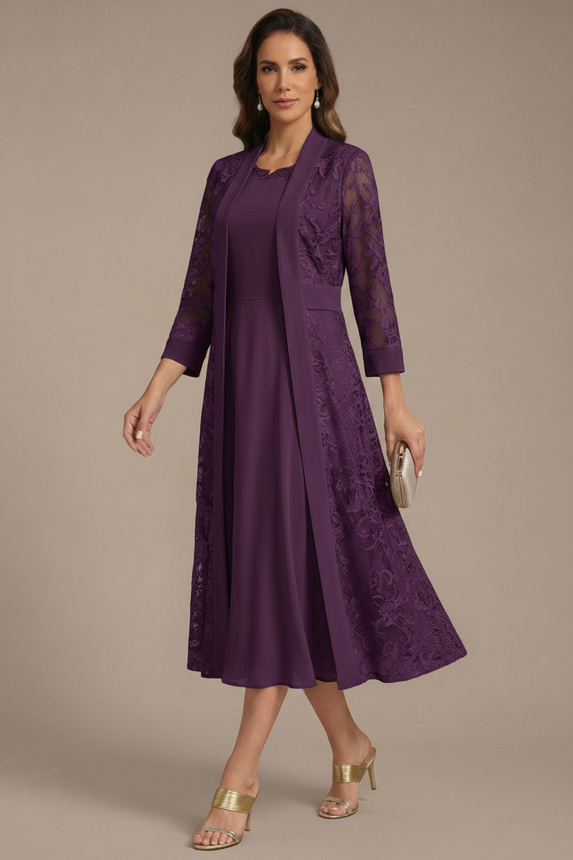 A-Line/Princess Scoop Chiffon Mother of the Bride Dresses with Lace Jacket 3/4 Sleeves Tea-Length