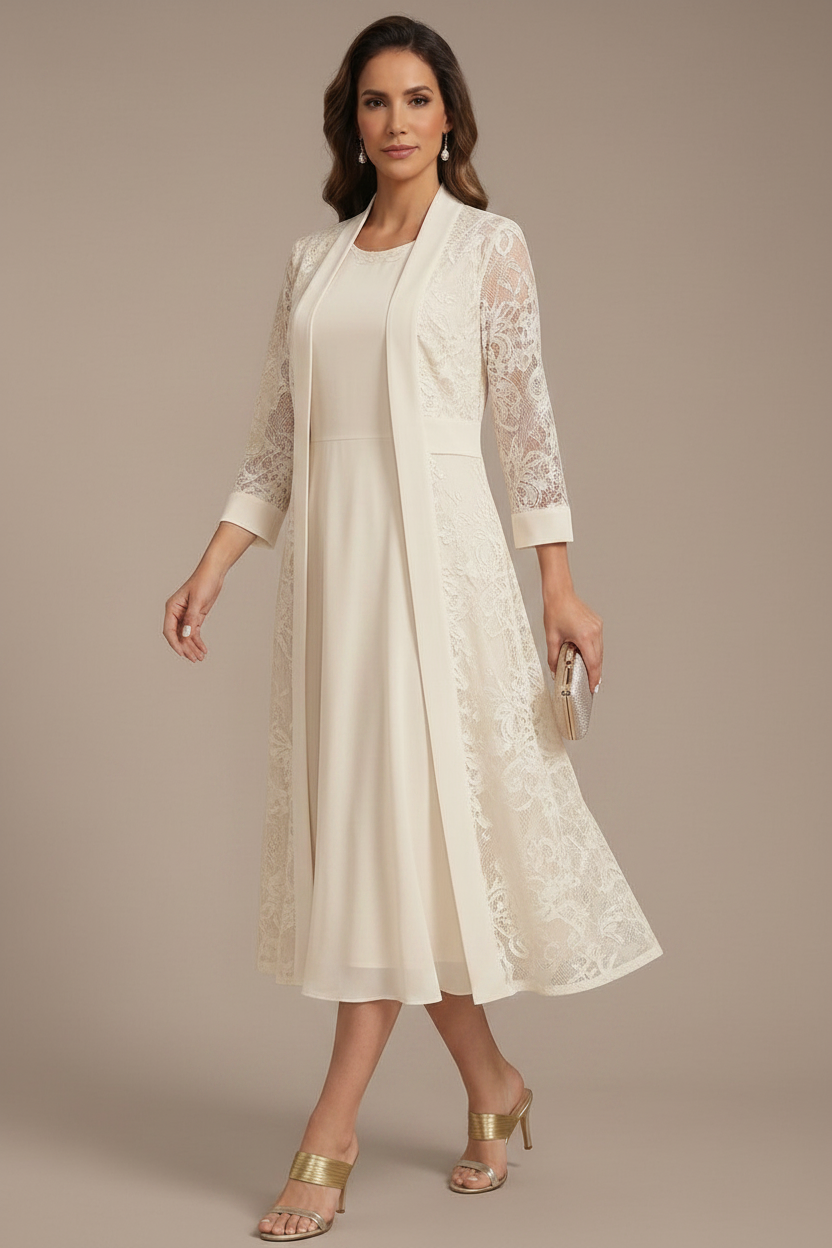 A-Line/Princess Scoop Chiffon Mother of the Bride Dresses with Lace Jacket 3/4 Sleeves Tea-Length