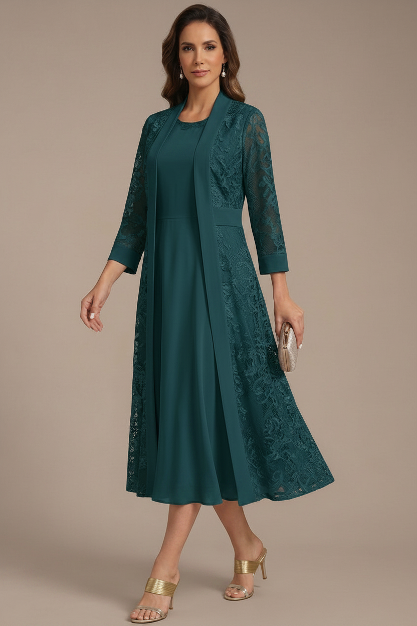 A-Line/Princess Scoop Chiffon Mother of the Bride Dresses with Lace Jacket 3/4 Sleeves Tea-Length