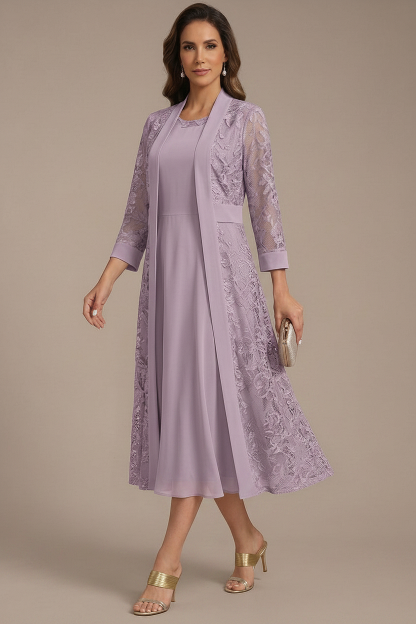 A-Line/Princess Scoop Chiffon Mother of the Bride Dresses with Lace Jacket 3/4 Sleeves Tea-Length