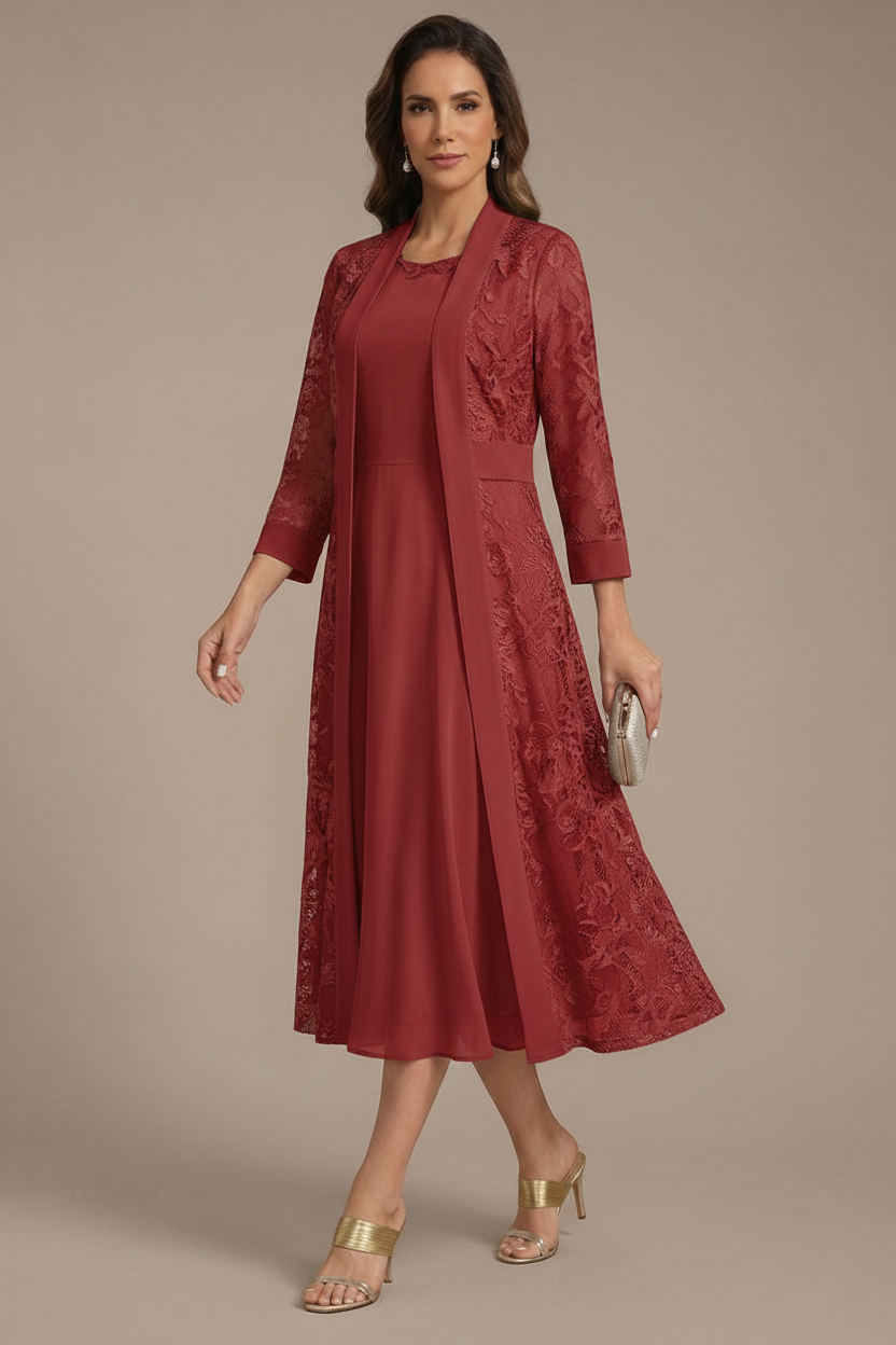 A-Line/Princess Scoop Chiffon Mother of the Bride Dresses with Lace Jacket 3/4 Sleeves Tea-Length