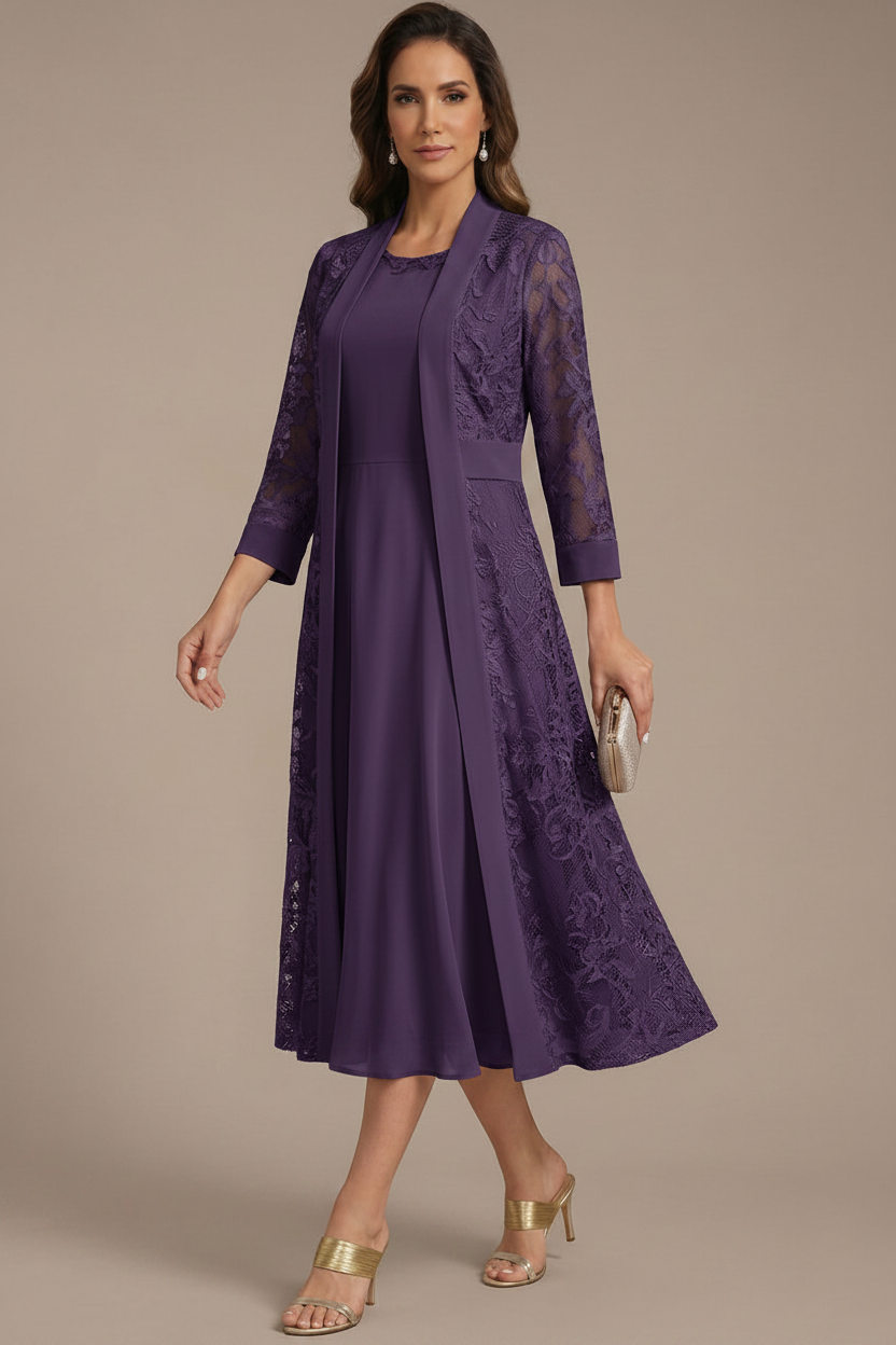 A-Line/Princess Scoop Chiffon Mother of the Bride Dresses with Lace Jacket 3/4 Sleeves Tea-Length