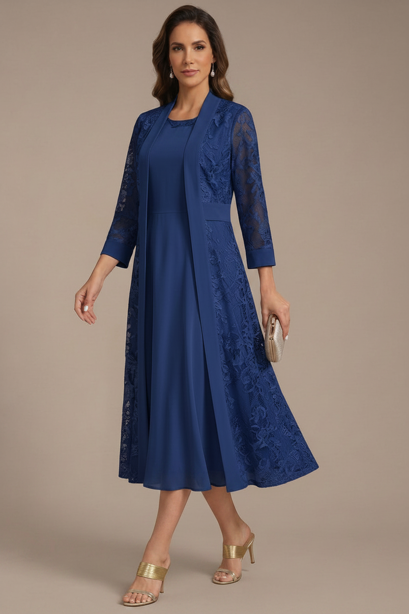 A-Line/Princess Scoop Chiffon Mother of the Bride Dresses with Lace Jacket 3/4 Sleeves Tea-Length