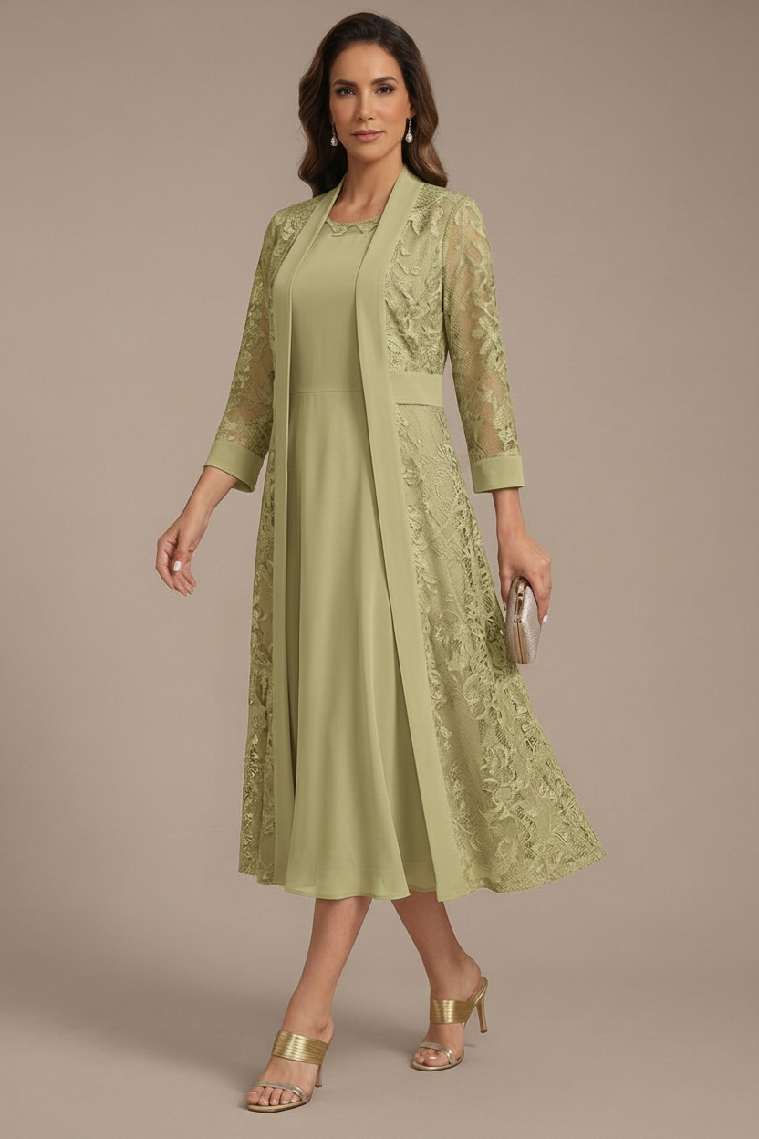 A-Line/Princess Scoop Chiffon Mother of the Bride Dresses with Lace Jacket 3/4 Sleeves Tea-Length