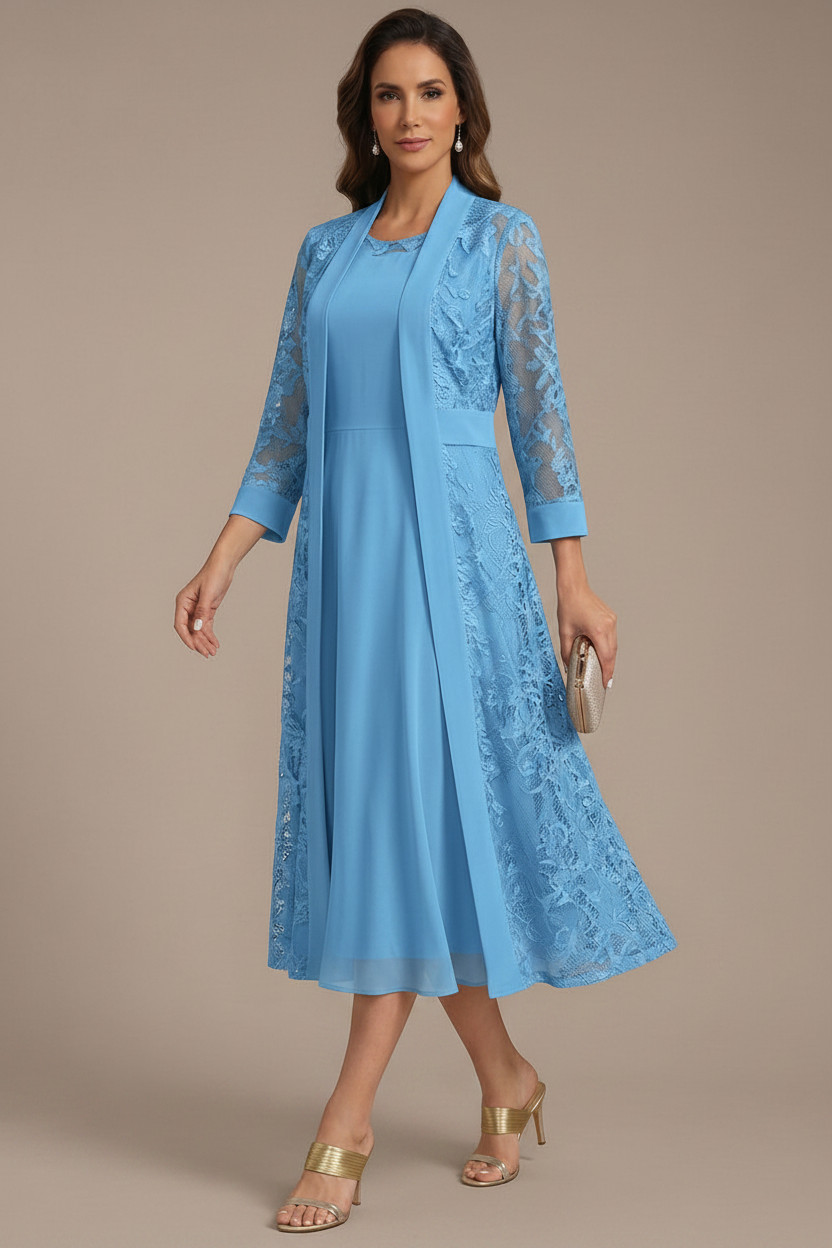 A-Line/Princess Scoop Chiffon Mother of the Bride Dresses with Lace Jacket 3/4 Sleeves Tea-Length