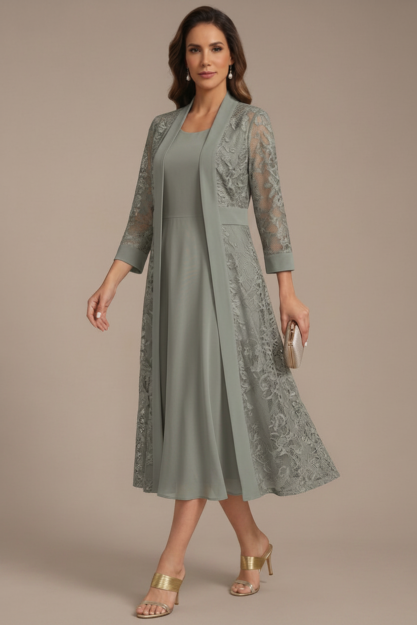A-Line/Princess Scoop Chiffon Mother of the Bride Dresses with Lace Jacket 3/4 Sleeves Tea-Length