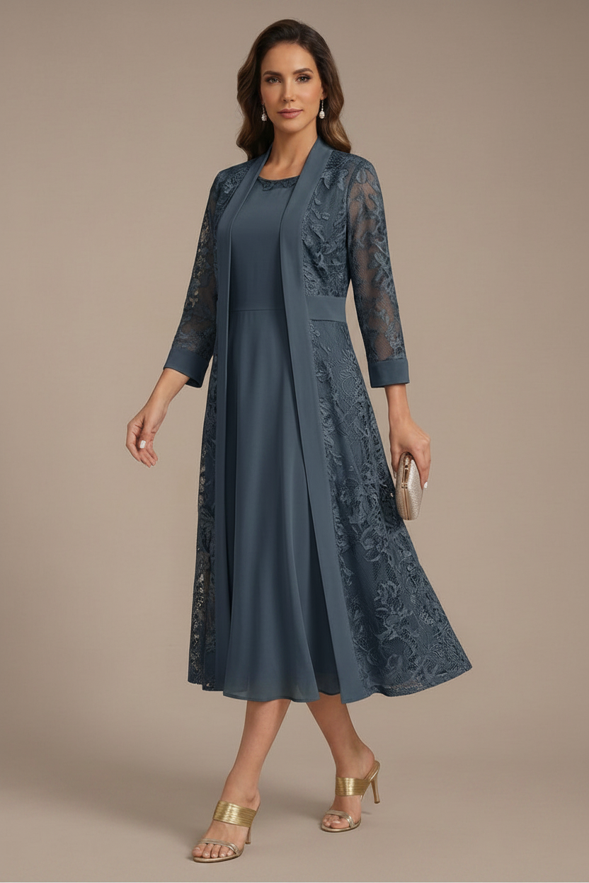 A-Line/Princess Scoop Chiffon Mother of the Bride Dresses with Lace Jacket 3/4 Sleeves Tea-Length