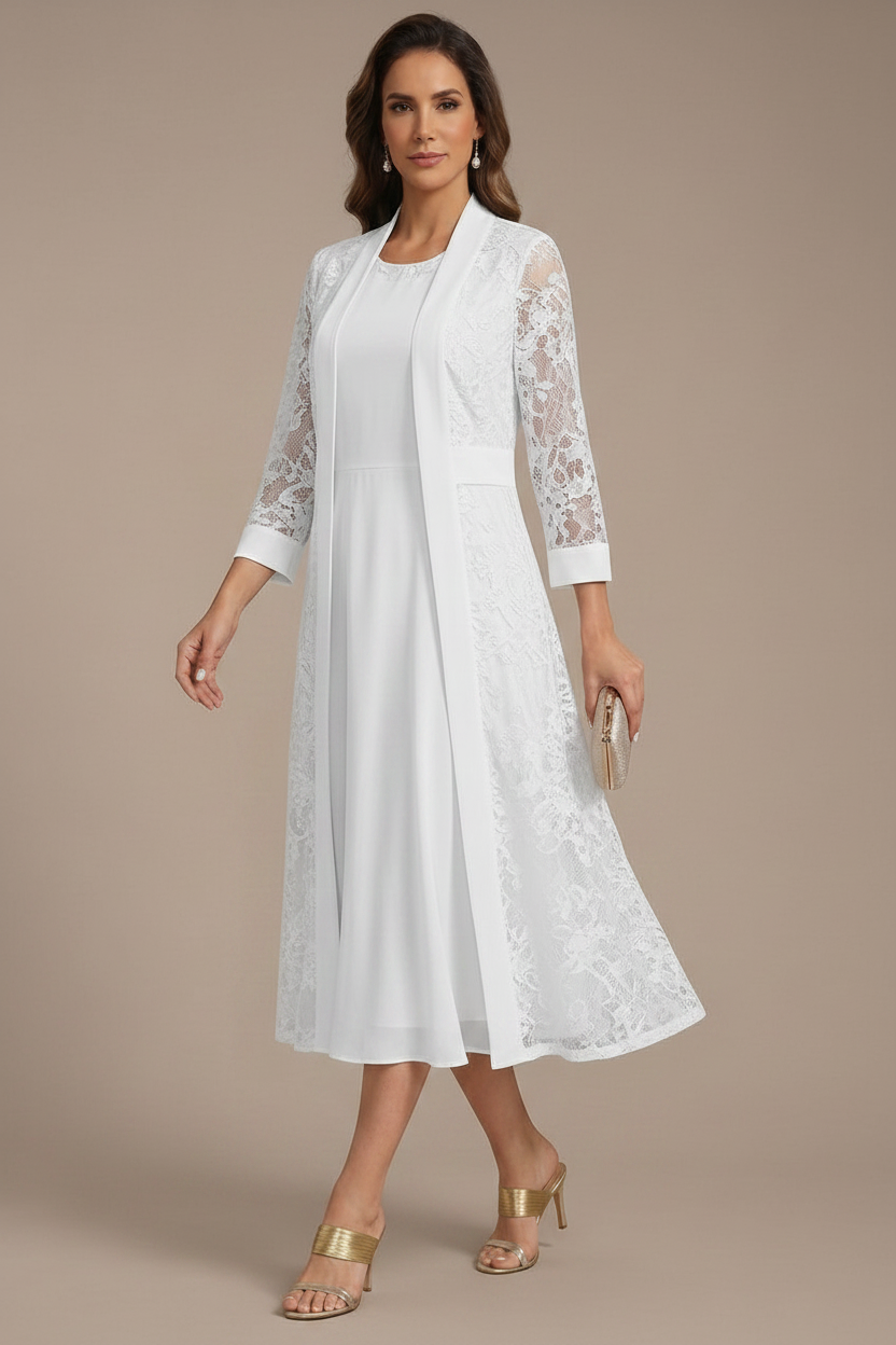 A-Line/Princess Scoop Chiffon Mother of the Bride Dresses with Lace Jacket 3/4 Sleeves Tea-Length