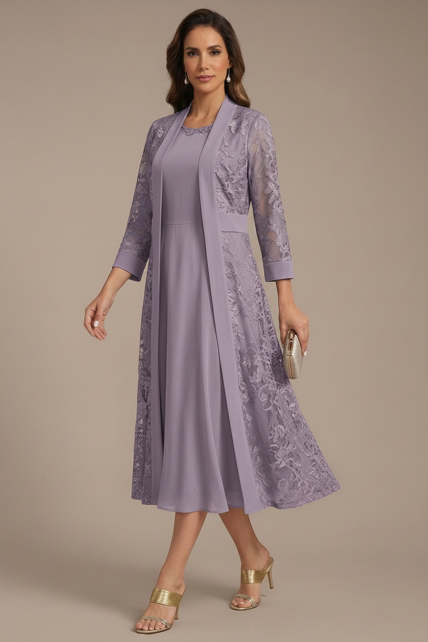 A-Line/Princess Scoop Chiffon Mother of the Bride Dresses with Lace Jacket 3/4 Sleeves Tea-Length