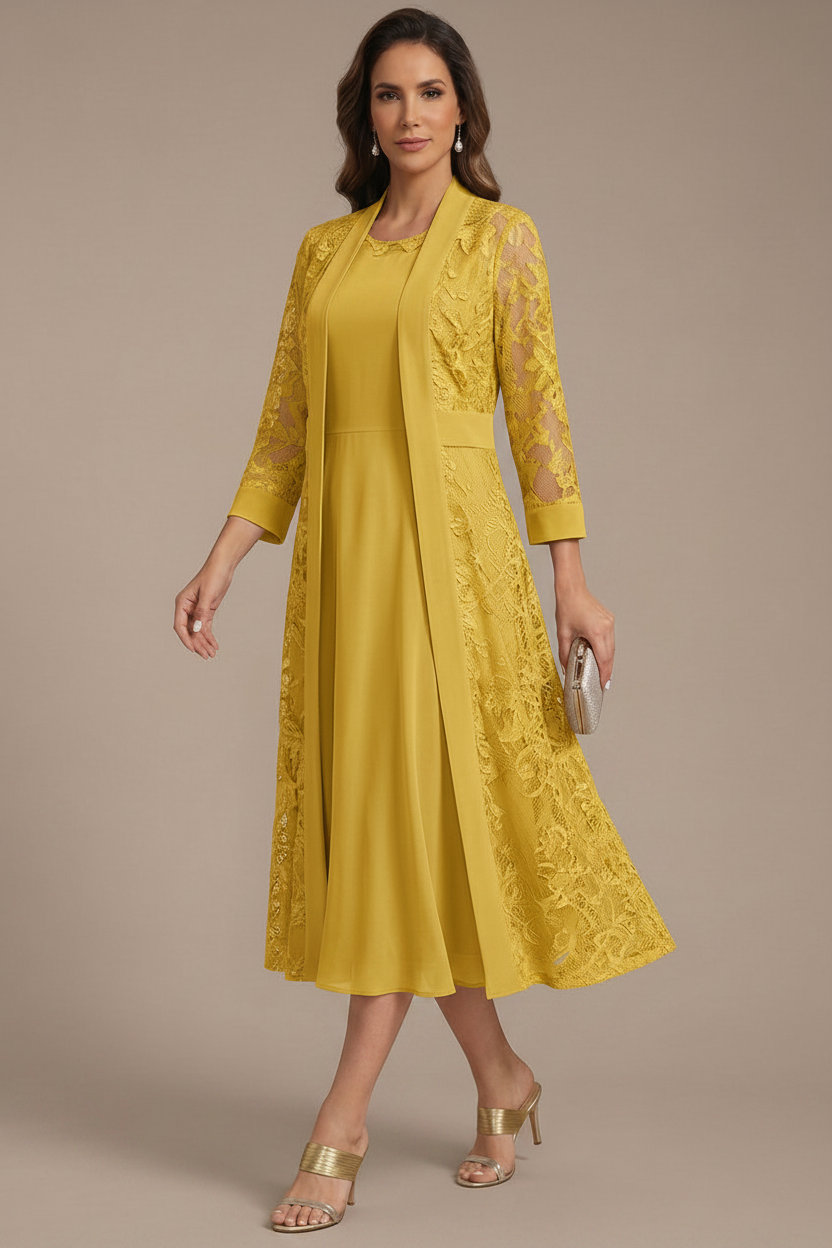 A-Line/Princess Scoop Chiffon Mother of the Bride Dresses with Lace Jacket 3/4 Sleeves Tea-Length