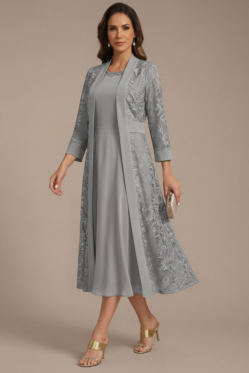 A-Line/Princess Scoop Chiffon Mother of the Bride Dresses with Lace Jacket 3/4 Sleeves Tea-Length