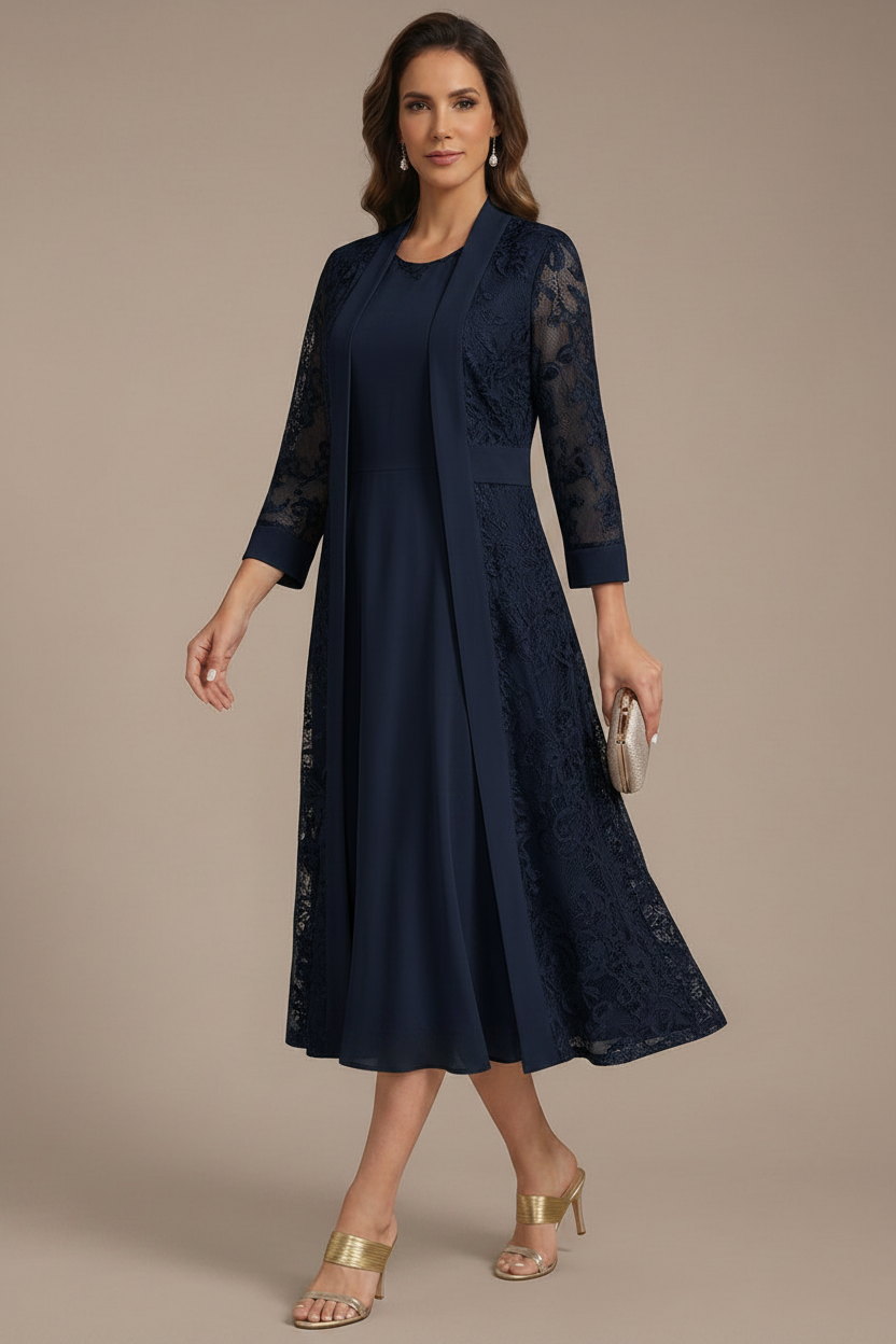 A-Line/Princess Scoop Chiffon Mother of the Bride Dresses with Lace Jacket 3/4 Sleeves Tea-Length