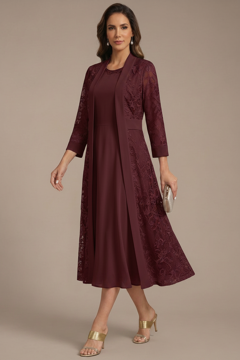 A-Line/Princess Scoop Chiffon Mother of the Bride Dresses with Lace Jacket 3/4 Sleeves Tea-Length