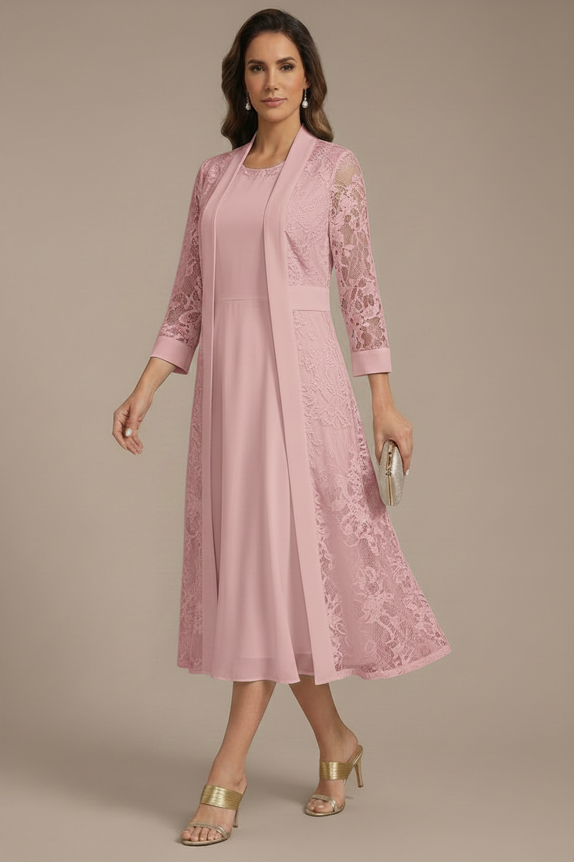 A-Line/Princess Scoop Chiffon Mother of the Bride Dresses with Lace Jacket 3/4 Sleeves Tea-Length