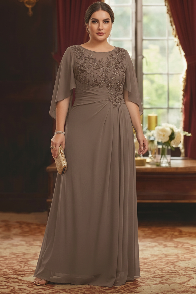 A-Line/Princess Scoop Chiffon Plus Size Mother of the Bride Dresses Lace Half Sleeves Floor-Length