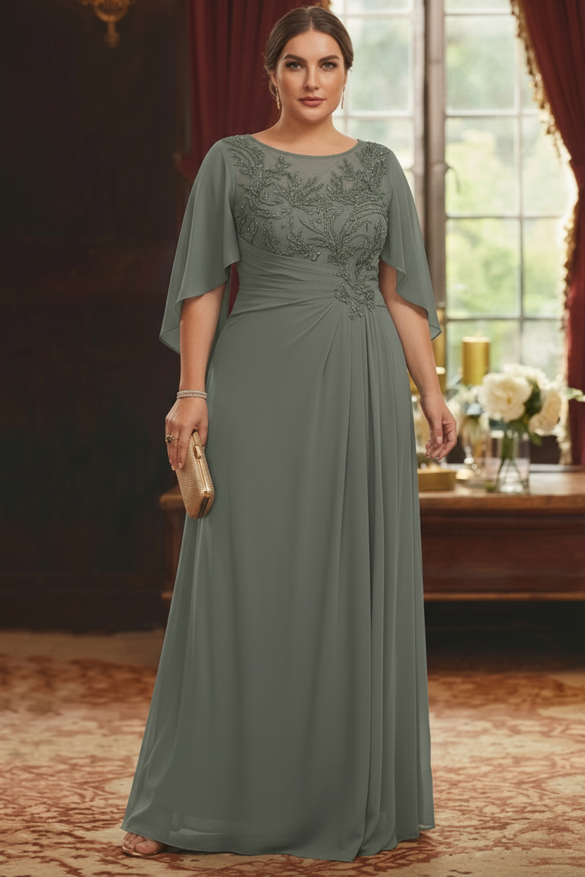 A-Line/Princess Scoop Chiffon Plus Size Mother of the Bride Dresses Lace Half Sleeves Floor-Length