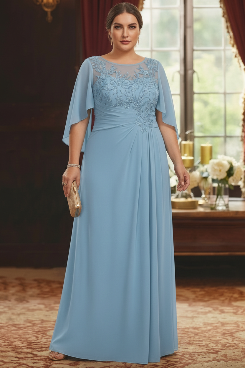 A-Line/Princess Scoop Chiffon Plus Size Mother of the Bride Dresses Lace Half Sleeves Floor-Length