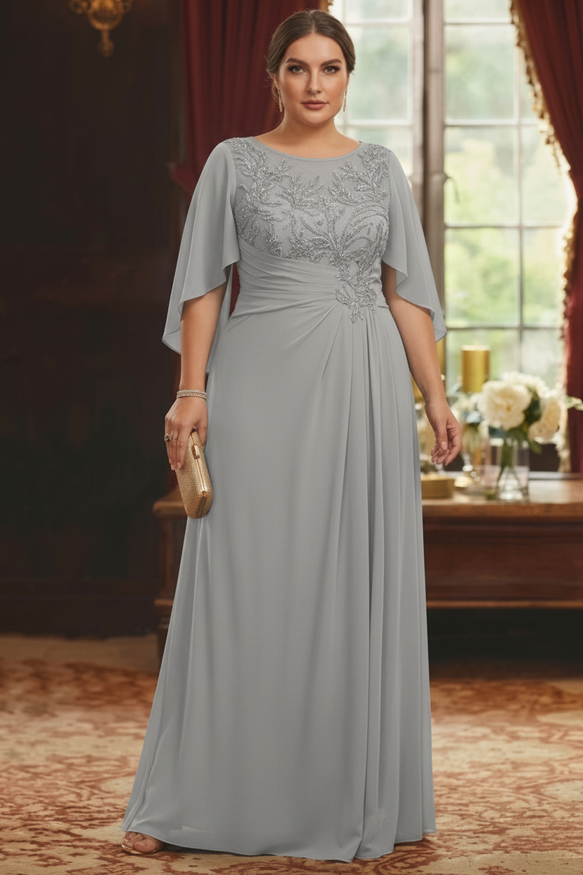 A-Line/Princess Scoop Chiffon Plus Size Mother of the Bride Dresses Lace Half Sleeves Floor-Length