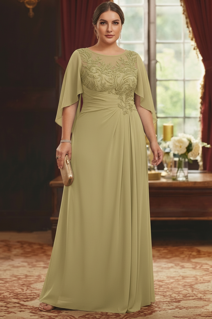 A-Line/Princess Scoop Chiffon Plus Size Mother of the Bride Dresses Lace Half Sleeves Floor-Length
