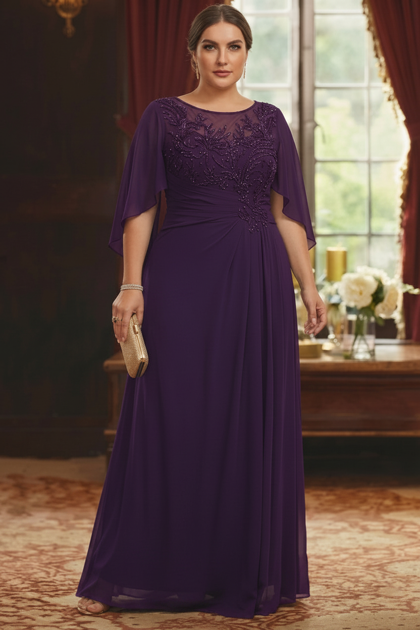 A-Line/Princess Scoop Chiffon Plus Size Mother of the Bride Dresses Lace Half Sleeves Floor-Length