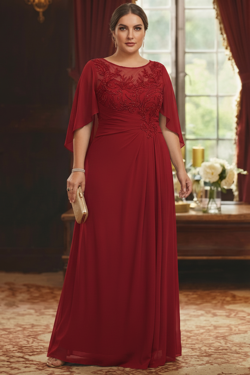 A-Line/Princess Scoop Chiffon Plus Size Mother of the Bride Dresses Lace Half Sleeves Floor-Length