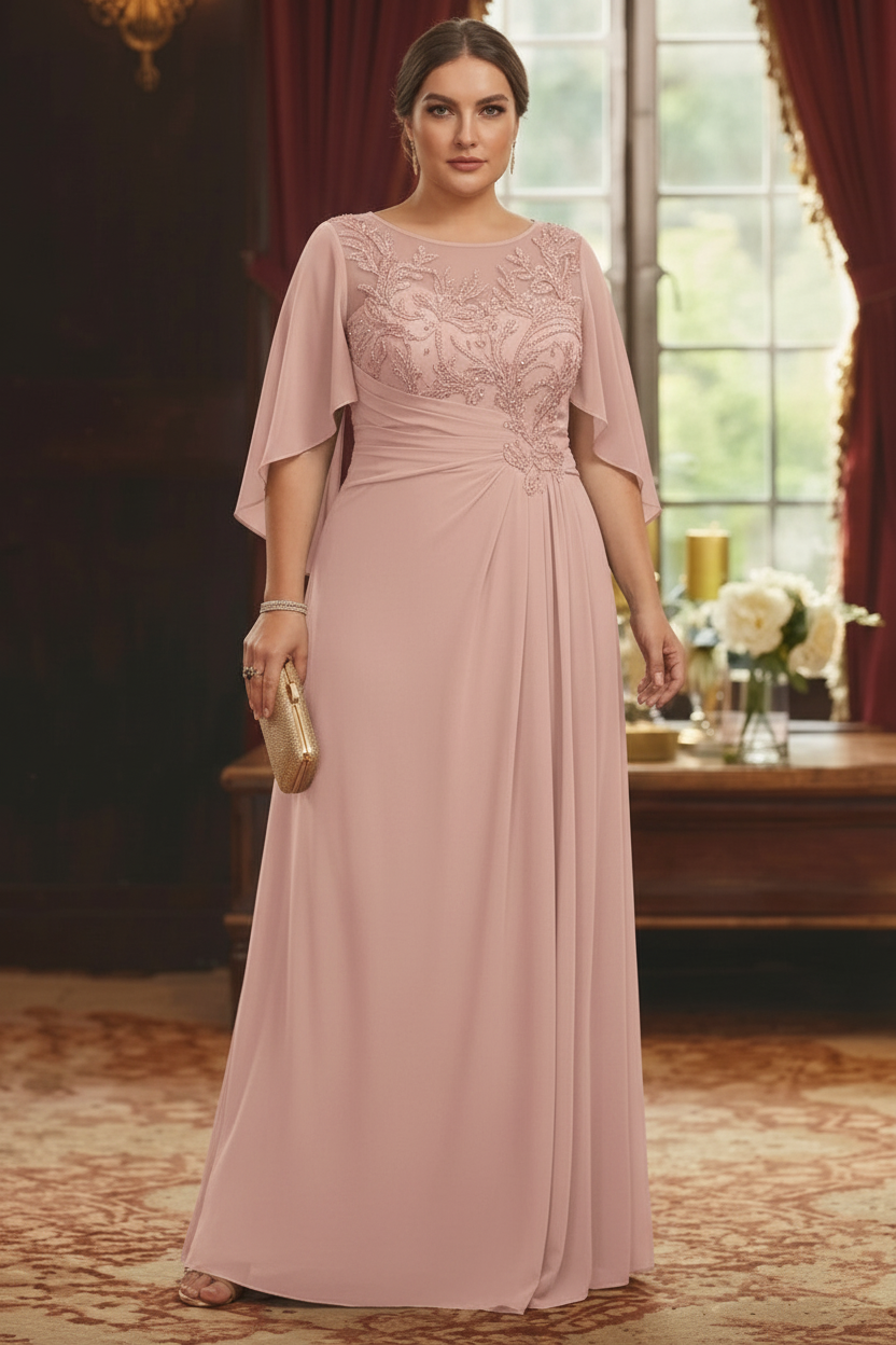 A-Line/Princess Scoop Chiffon Plus Size Mother of the Bride Dresses Lace Half Sleeves Floor-Length