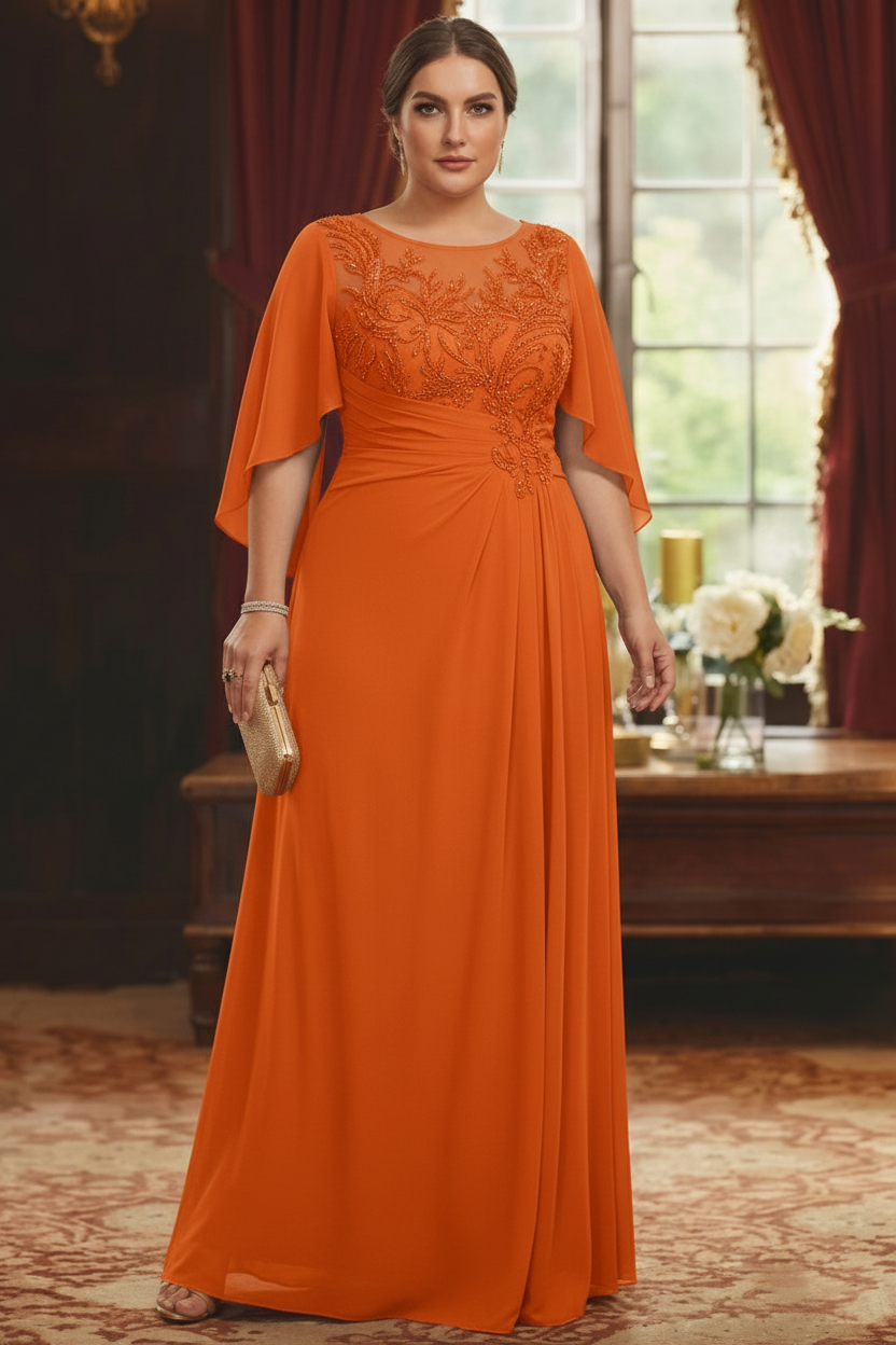 A-Line/Princess Scoop Chiffon Plus Size Mother of the Bride Dresses Lace Half Sleeves Floor-Length
