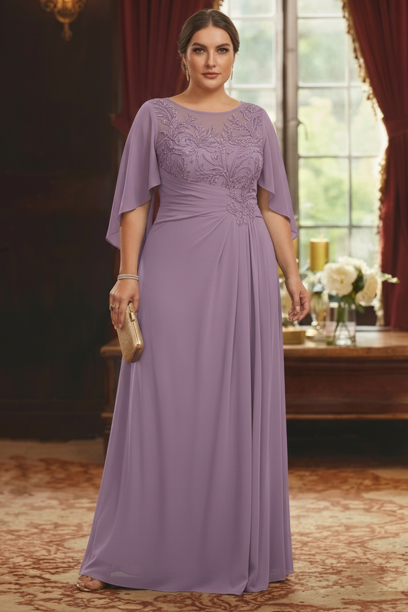 A-Line/Princess Scoop Chiffon Plus Size Mother of the Bride Dresses Lace Half Sleeves Floor-Length
