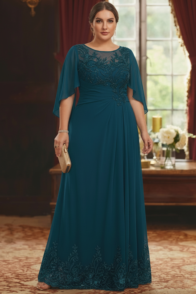 A-Line/Princess Scoop Chiffon Plus Size Mother of the Bride Dresses Lace Half Sleeves Floor-Length