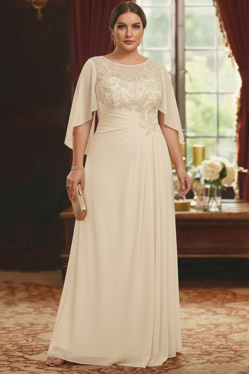 A-Line/Princess Scoop Chiffon Plus Size Mother of the Bride Dresses Lace Half Sleeves Floor-Length