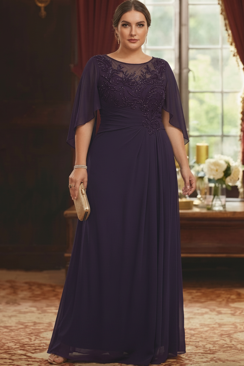 A-Line/Princess Scoop Chiffon Plus Size Mother of the Bride Dresses Lace Half Sleeves Floor-Length
