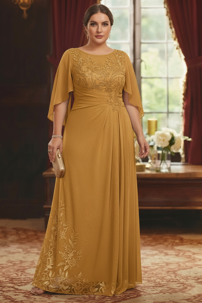 A-Line/Princess Scoop Chiffon Plus Size Mother of the Bride Dresses Lace Half Sleeves Floor-Length