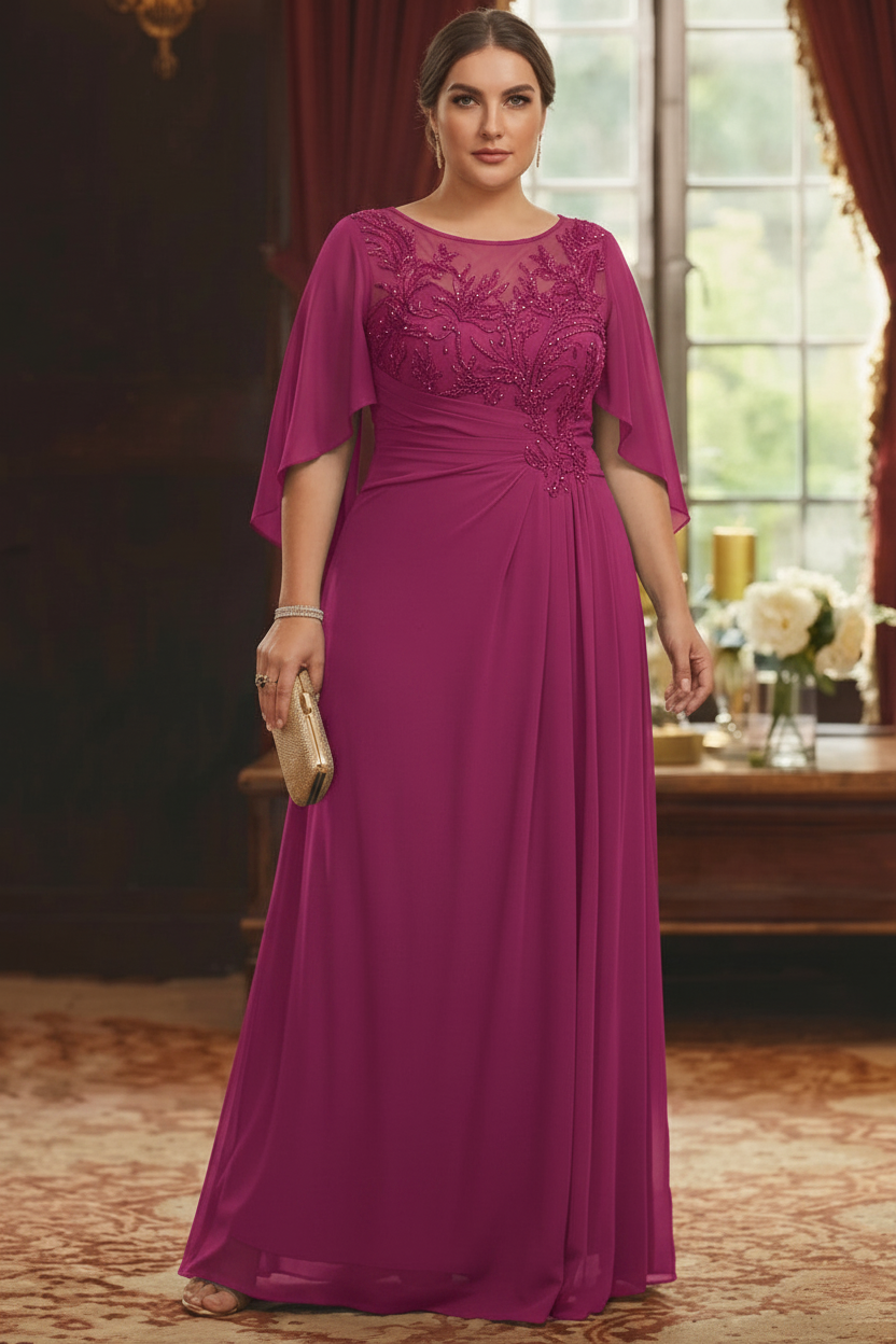 A-Line/Princess Scoop Chiffon Plus Size Mother of the Bride Dresses Lace Half Sleeves Floor-Length