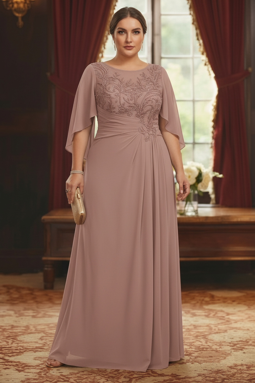 A-Line/Princess Scoop Chiffon Plus Size Mother of the Bride Dresses Lace Half Sleeves Floor-Length