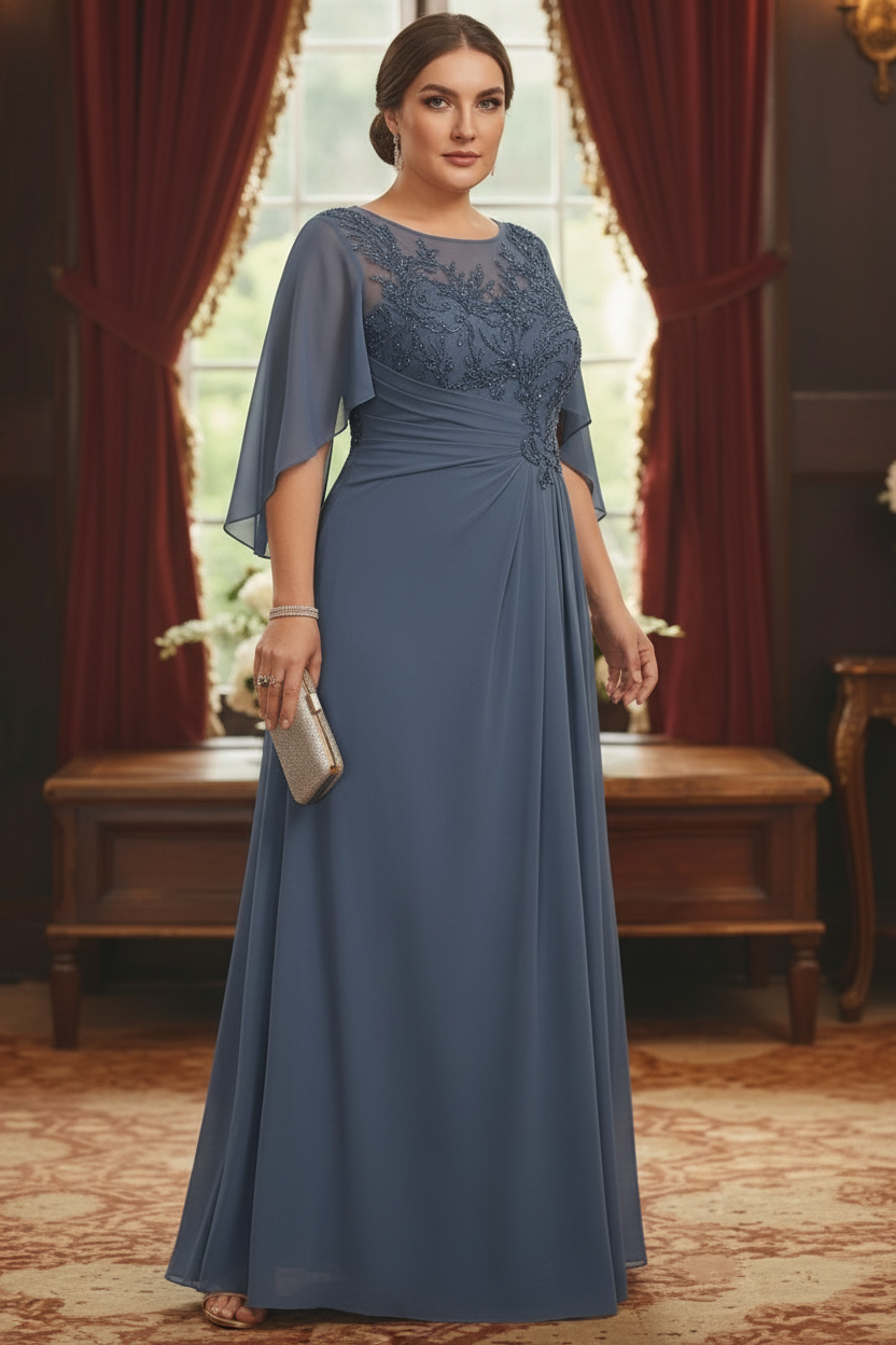 A-Line/Princess Scoop Chiffon Plus Size Mother of the Bride Dresses Lace Half Sleeves Floor-Length