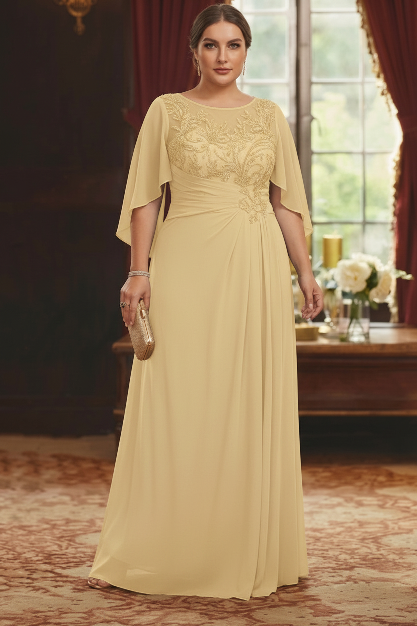 A-Line/Princess Scoop Chiffon Plus Size Mother of the Bride Dresses Lace Half Sleeves Floor-Length
