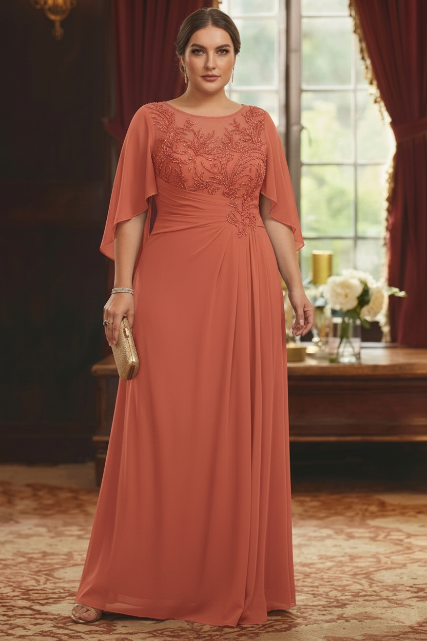 A-Line/Princess Scoop Chiffon Plus Size Mother of the Bride Dresses Lace Half Sleeves Floor-Length