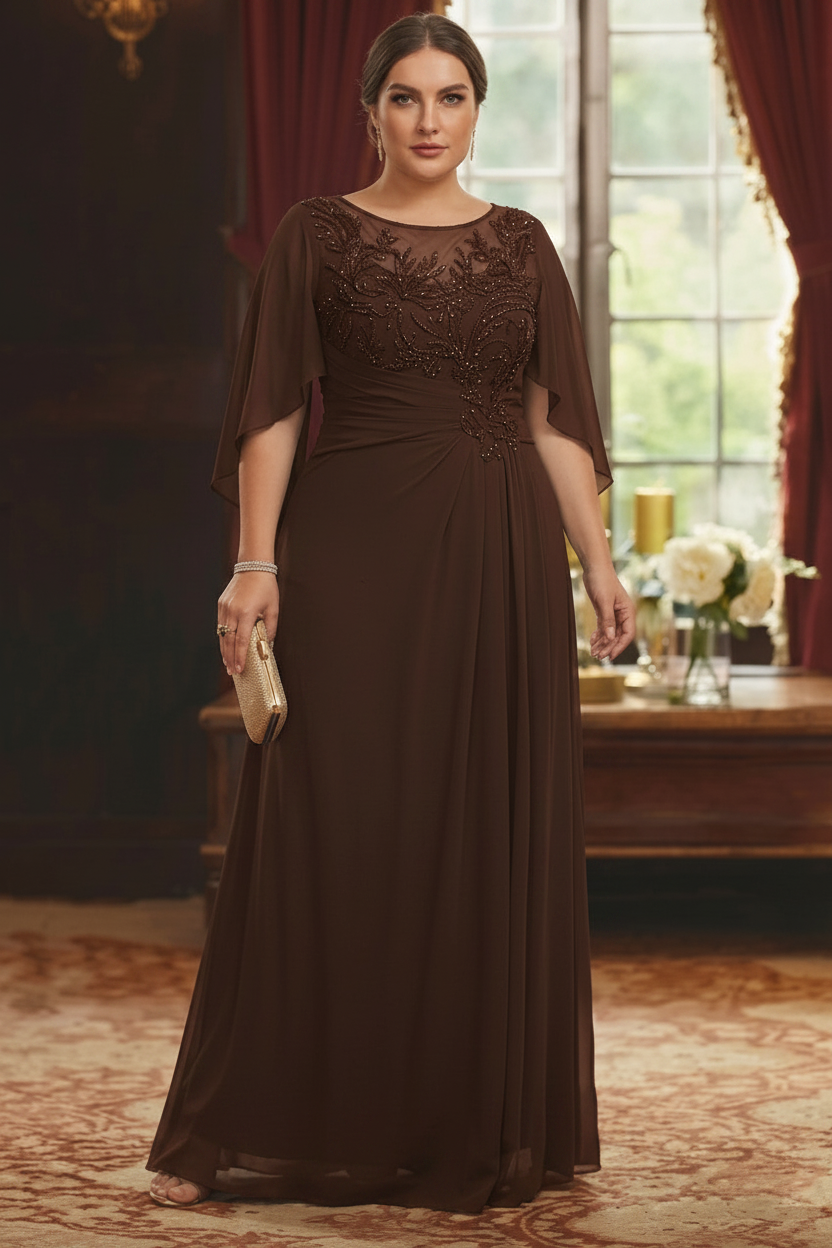 A-Line/Princess Scoop Chiffon Plus Size Mother of the Bride Dresses Lace Half Sleeves Floor-Length